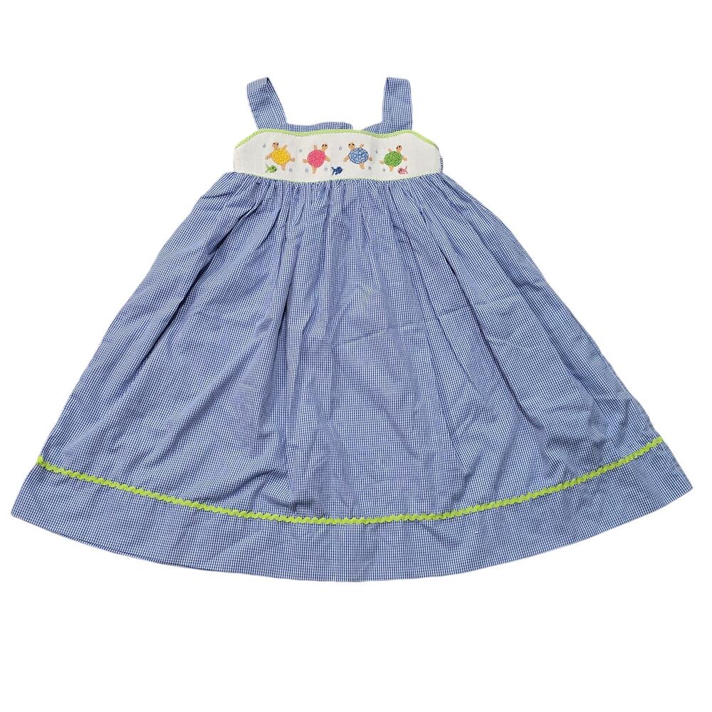 Lulu Bebe Embroidered Ocean Sea Turtle Smocked Gingham Dress